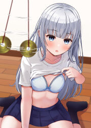  bangs blue_eyes blush bra breasts coin expressionless female_only femsub lakuha long_hair looking_at_viewer open_mouth original pendulum pov pov_dom sitting skirt socks solo straight-cut_bangs underwear undressing undressing_command white_hair 