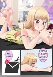 bangs barefoot bed blonde_hair breasts cell_phone comic dress feet female_only femsub long_hair lying maozi_dan marin_kitagawa my_dress-up_darling nail_polish right_to_left ring smile solo text