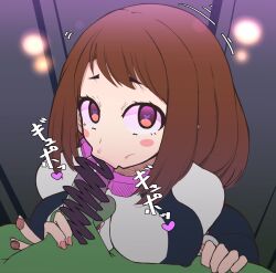  bodysuit breasts brown_hair censored erect_nipples fellatio female_only femsub handjob heart heart_eyes heterosexual large_breasts looking_at_viewer maledom mikaponcho my_hero_academia ochaco_uraraka penis short_hair solo symbol_in_eyes text 