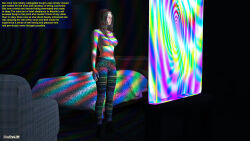 3d blue_eyes brown_hair cergi_(marvlin666) comic expressionless hypnotic_screen leggings long_hair marvlin666 navel original pink_lipstick standing standing_at_attention tech_control text thick_thighs