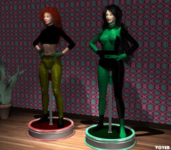  3d black_hair bodysuit female_only femsub gloves happy_trance human_furniture kim_possible kim_possible_(series) long_hair mannequin midriff multiple_girls one_bar_prison red_hair shego tech_control voyer 