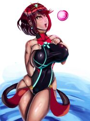  absurdres bare_shoulders blush breasts female_only femsub foolycooly hair_band happy_trance holding_breasts hypnotic_orb large_breasts leotard nintendo one-piece_swimsuit open_mouth pyra_(xenoblade) red_hair short_hair solo swimsuit tongue tongue_out water xenoblade_chronicles xenoblade_chronicles_2 