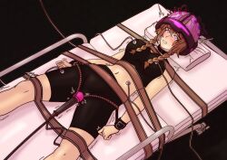  bed black_background blush bondage breath brown_hair cables collar corruption drool female_only femsub helmet midriff navel on_back pink_eyes resisting restrained shorts simple_background solo steins;gate suzuha_amane tears tech_control trembling twin_braids vibrator victoriamikoto wires 