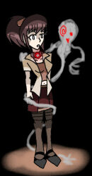 breasts brokenteapot brown_hair collar empty_eyes expressionless fatal_frame femsub ghost hypnotic_accessory large_breasts maledom miku_hinasaki short_hair spiral standing standing_at_attention