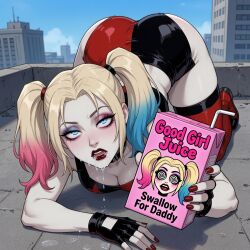 ahegao ai_art all_fours blonde_hair blue_eyes choker cleavage clothed crop_top dc_comics drool drugged eyeshadow female_only femsub fingerless_gloves gloves harley_quinn heavy_eyelids hypnotic_drink lipstick looking_at_viewer makeup outdoors pale_skin short_shorts shorts solo thighhighs twintails 