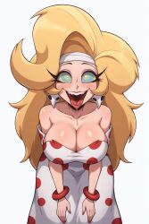  ai_art bandage bare_shoulders blonde_hair bracelet character_request cleavage collarbone dress drool earrings female_only femsub happy_trance helluva_boss huge_breasts kaa_eyes leaning_forward long_hair looking_at_viewer minimimic_(generator) minimimic_(manipper) simple_background stable_diffusion_(ai) tongue_out white_background 