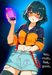  ai_art bandai_namco black_hair blush braid crop_top digimon digimon_alysion drool english_text expressionless femsub fingering hellsing002_(generator) kanata_hondo masturbation midriff orange_eyes phone shorts spiral spiral_eyes suspenders thighhighs zipper 