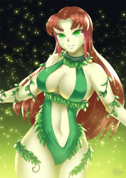 alien alien_girl breasts cleavage corruption dc_comics empty_eyes femsub gradient_background green_eyes green_skin hadant happy_trance large_breasts leotard long_hair midriff plant red_hair signature simple_background solo starfire super_hero teen_titans