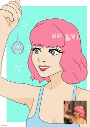 absurdres blue_eyes clothed entrancement_uk female_only green_eyes lipstick pendulum pink_hair pink_lipstick rosera self_hypnosis short_hair simple_background smile sparkle tagme tank_top