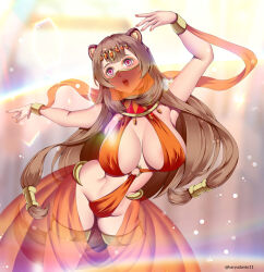 animal_ears bangs blush bracelet breasts brown_hair crown dancing empty_eyes female_only femsub hadant harem_outfit huge_breasts jewelry large_breasts leaning_forward midriff nail_polish pink_eyes raphtalia ribbon see-through signature simple_background solo standing straight-cut_bangs the_rising_of_the_shield_hero veil very_long_hair watermark