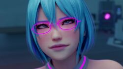  3d animated blue_hair dead_or_alive female_only femsub fractionation glasses glowing glowing_eyes happy_trance kaa_eyes nico_(dead_or_alive) open_mouth resisting short_hair symbol_in_eyes tech_control tongue trance_break video vynil 