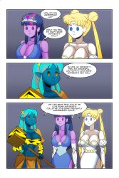 bare_shoulders blonde_hair blue_eyes comic crossover crown dialogue doll dollification dress empty_eyes equestria_girls femdom femsub green_hair hair_buns happy_trance hypnotic_accessory large_breasts lum midriff multicolored_hair my_little_pony princess purple_eyes sailor_moon sailor_moon_(series) smile text tiger_print twilight_sparkle twintails urusei_yatsura wadevezecha weapon