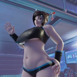  3d absurdres breasts brown_hair evil_smile female_only femsub happy_trance huge_breasts hypnotic_accessory large_breasts looking_at_viewer mei_(overwatch) microchip overwatch smile spllcstr standing tech_control underboob 