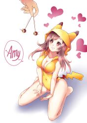 absurdres barefoot breasts brown_hair cleavage coin female_only femsub happy_trance heart heart_eyes hoodie kneeling large_breasts long_hair nell-chrome nintendo original pendulum pikachu pokemon solo symbol_in_eyes text trippy_(trippy)