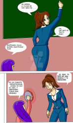 ass brown_hair carlosfco dialogue femdom femsub julia_(carlosfco) kiddom kigi_(carlosfco) large_breasts long_hair original purple_hair spanish_text spiral_eyes teacher text translation_request