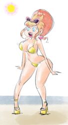  beach bikini bimbofication earrings female_only femsub high_heels large_breasts mr-dna orange_hair solo thighhighs 