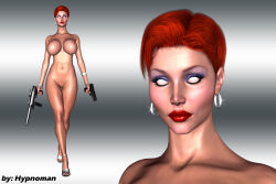  3d blush bottomless bracelet breasts cleavage collarbone earrings erect_nipples expressionless female_only femsub gun high_heels hypnoman hypnotized_dom jewelry multiple_views nude orange_hair original red_lipstick short_hair solo talia_danvers thick_thighs topless whitewash_eyes 
