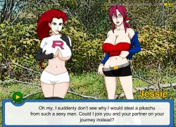 ash_ketchum breasts cleavage erect_nipples female_only femsub glasses gloves jessie long_hair looking_at_viewer lorelei midriff multiple_girls multiple_subs nintendo open_mouth opera_gloves pokemon pokemon_(anime) pov pov_dom red_hair screenshot short_skirt text tube_top undressing watermark