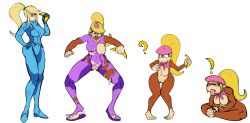  artist_request blonde_hair bodysuit bottomless breasts devolution dixie_kong donkey_kong_(series) femsub furry hat large_breasts masturbation metroid_(series) monkey_girl nintendo nude ponytail samus_aran sequence tears tongue tongue_out topless torn_clothes transformation white_background zero_suit 