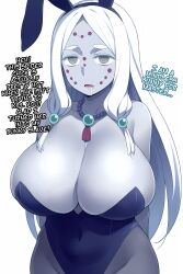 ai_art breasts bunny_ears bunnysuit cleavage demon_slayer drool empty_eyes expressionless facial_markings fake_animal_ears female_only femsub grey_eyes grey_skin huge_breasts long_hair looking_at_viewer maledom manip minimimic_(generator) minimimic_(manipper) mother_spider_demon_(demon_slayer) necklace open_mouth simple_background spider_girl stable_diffusion_(ai) text white_background white_hair 