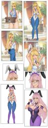  artoria_pendragon_(lancer) blonde_hair bunny_ears bunny_girl card corruption fate/grand_order fate_(series) glasses large_breasts leggings long_hair pink_hair possession tokiartis transformation 