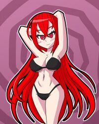 alear_(fire_emblem) alternate_costume arms_above_head bare_legs bare_shoulders bikini bikini_bottom bikini_top blush breasts cleavage empty_eyes femsub fire_emblem fire_emblem_engage happy_trance legs long_hair looking_at_viewer mythkaz nintendo red_eyes red_hair smile spiral_background