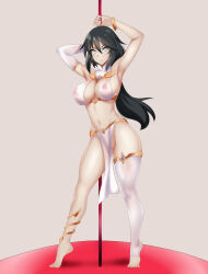 absurdres barefoot black_hair breasts female_only femsub happy_trance harem_outfit hevn infinite_stratos jewelry large_breasts long_hair navel nipples orimura_chifuyu pole_dancing ponytail see-through solo spiral_eyes symbol_in_eyes