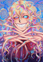 blonde_hair curly_hair distortion_(the_magnus_archives) hypnotic_eyes hypnotized_hypnotist long_hair male_only maledom malesub michael_shelley monster_boy sharp_teeth smile solo spiral_eyes the_magnus_archives