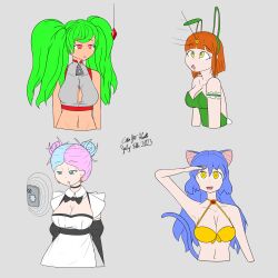 absurdres bare_shoulders bikini bikini_top blue_hair breasts bunny_ears bunnysuit cat_ears cat_girl cat_tail character_request choker cleavage crystal drool empty_eyes expressionless fake_animal_ears female_only femsub green_hair hair_buns happy_trance hypnotic_screen large_breasts long_hair maid messy_hair midriff multicolored_hair multiple_subs orange_hair original red_hair saluting short_hair signature simple_background sobergin spiral_eyes swimsuit tank_top tech_control twintails very_long_hair