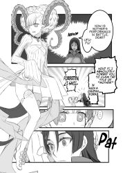  breasts choker clothed comic dress elf_ears english_text fate/grand_order fate_(series) female_only femdom femsub greyscale hair_buns hard_translated hime_cut horns hug huge_breasts humor milf minamoto_no_raikou monochrome necklace nonone petite shrunken_irises simple_background speech_bubble symbol_in_eyes text thigh_heels thighs tiamat_(fate/grand_order) very_long_hair 