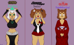 absurdres alternate_costume alternate_hairstyle aura black_sclera brown_hair cat_girl cleavage clothed control_indicator cosplay costume crossover crown cult_of_the_lamb dangan_ronpa english_text eye_color_change femsub furry gameoverse glowing green_eyes hair_color_change hair_ornament junko_enoshima kit_bodega_(gameoverse) large_breasts league_of_legends midriff multiple_methods_of_hypnosis navel open_mouth pervycat possession purple_background robe ruination short_hair simple_background skirt spiral_eyes text tongue tongue_out viego_(league_of_legends) white_hair 