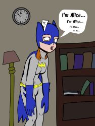 barbara_gordon batgirl batman_(series) card crossed_eyes dc_comics dialogue english_text female_only femsub identity_swap isankura mad_hatter maledom mantra open_mouth red_hair slouching solo super_hero tech_control text