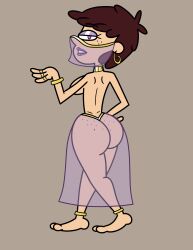 absurdres anklet apopop ass barefoot breasts brown_hair female_only femsub freckles harem_outfit jewelry looking_at_viewer looking_back loud_house luna_loud nickelodeon pink_eyes see-through simple_background solo topless