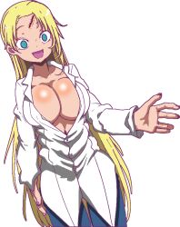  blonde_hair body_control breasts cleavage collarbone exposed_chest green_eyes happy_trance huge_breasts large_breasts lobotomy manip mind_break open_shirt piscalat_(idaten) scar shiny_skin smile stitches surgery the_idaten_deities_know_only_peace 
