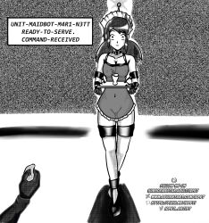  antenna apron bottomless empty_eyes erect_nipples expressionless femdom femsub greyscale handcuffs hypnotic_accessory idpet maid marinette_dupain-cheng miraculous_ladybug monochrome naked_apron nude robot robotization tech_control text topless tray twintails 