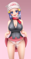  blue_eyes blue_hair breasts cameltoe cleavage dawn empty_eyes erect_nipples female_only femsub happy_trance harumi_(harumix) hat large_breasts long_hair nintendo open_mouth panties pokemon pokemon_diamond_pearl_and_platinum pussy_juice see-through skirt skirt_lift solo sweat underwear 