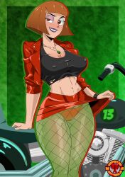cm_artist danny_phantom_(series) erect_nipples evil_smile eye_color_change fishnets ghost ghost_girl jacket kitty_(danny_phantom) maddeline_fenton makeup midriff milf miniskirt motorcycle necklace nickelodeon orange_hair panties possession red_eyes tights