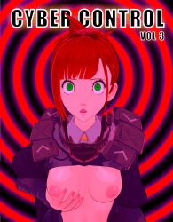  breasts comic cyberpunk_(series) cyberpunk_2077 green_eyes hypnosss police_uniform red_hair text 