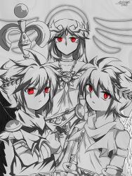 angel arm_bands bare_shoulders bracers collarbone corruption crescent_06104 dark_pit dress empty_eyes expressionless femsub goddess greyscale headdress jewelry kid_icarus long_hair looking_at_viewer necklace nintendo palutena pit possession red_eyes scarf shrunken_irises signature simple_background staff super_smash_bros. wings