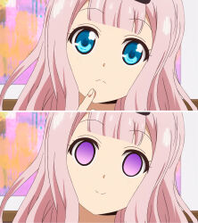  before_and_after blue_eyes empty_eyes female_only femsub fujiwara_chika happy_trance hypnoner_(manipper) ivatent_(manipper) kaguya-sama_love_is_war manip pink_hair smile solo straight-cut_bangs 