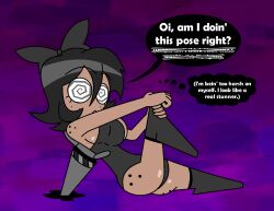 aged_up alternate_costume androgynous_dom bare_shoulders black_hair bow dark_skin english_text eyebrows_visible_through_hair eyelashes femsub freckles good_sub_conditioning hypnoscream large_ass large_breasts leotard looking_at_viewer murder_drones posing pov_dom purple_background shiny_skin short_hair sitting solo speech_bubble spiralwash_eyes tessa_james_elliot thought_bubble unaware