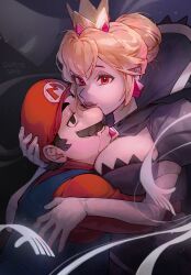  bad_end blonde_hair breasts brown_hair crown drool expressionless femdom head_in_breasts large_breasts lipstick looking_at_viewer malesub mario mustache nintendo paper_mario:_the_thousand_year_door princess princess_peach queen shadow_queen spiral_eyes ssuregigame super_mario_bros. symbol_in_eyes 