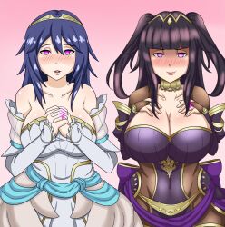 black_hair blue_hair blush breasts cleavage empty_eyes female_only femsub fire_emblem fire_emblem_awakening gloves glowing happy_trance hypnotic_accessory large_breasts long_hair lucina nintendo open_mouth opera_gloves princess sandyrex tharja twintails wedding_dress wedding_ring