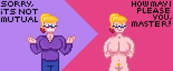 anne_(matter-waluigi) before_and_after blonde_hair blue_eyes bottomless breasts dialogue female_only femsub glasses large_breasts matter-waluigi original pixel_art ponytail red_hair standing text topless