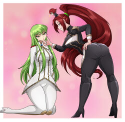 artist_request c.c. chin_hold clothed code_geass empty_eyes female_only femdom femsub green_eyes green_hair kneeling open_mouth original red_hair very_long_hair yellow_eyes