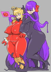  2946uc bb_(fate/extra_ccc) blonde_hair bodysuit brain_injection breasts chin_hold drool evil_smile eye_roll fate/extra fate/grand_order fate_(series) female_only femdom femsub huge_breasts multiple_girls nero_claudius_caesar_augustus_germanicus_(fate) open_clothes open_mouth pink_eyes purple_hair saber_extra slime tentacles 