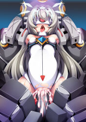  blush bondage breasts cum cum_in_pussy drool elsword eve_(elsword) femsub gloves leotard open_mouth opera_gloves pussy small_breasts steelycross tears tech_control tongue tongue_out torn_clothes visor white_hair 