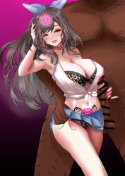  absurdres armpits balls blush bra breasts brown_hair censored cleavage clothed clothed_exposure condom condom_accessories crotch_tattoo dark_skin earrings erect_nipples erect_nipples_under_clothes eyebrows_visible_through_hair eyelashes eyeshadow femsub glowing gradient_background hair_ribbon handjob heart huge_breasts jewelry kogane_tsukioka large_penis leopard_print light_skin lipstick long_hair long_nails makeup maledom midriff nail_polish navel nipples open_mouth panties penis perianist ponytail ribbon shirt short_skirt simple_background skirt skirt_lift tattoo the_idolm@ster the_idolm@ster:_shiny_colors thighs tied_shirt tongue underwear 