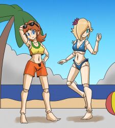 beach bikini bikini_bottom bikini_top blonde_hair empty_eyes hair_covering_one_eye mannequin mythkaz nintendo princess princess_daisy princess_rosalina red_hair super_mario_bros. swimsuit tagme