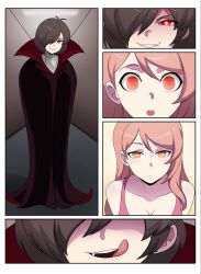  absurdres alexia_(electrickronos) brown_hair cloak comic costume dazed eir-chi_prowtag_(electrickronos) empty_eyes expressionless female_only femdom femsub glowing_eyes hair_covering_one_eye halloween hypnotic_eyes licking_lips long_hair open_mouth original pink_hair shinzu short_hair tongue vampire 